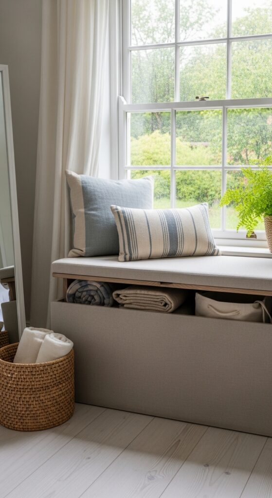Under-Window Storage Bench with Cushioned Seating