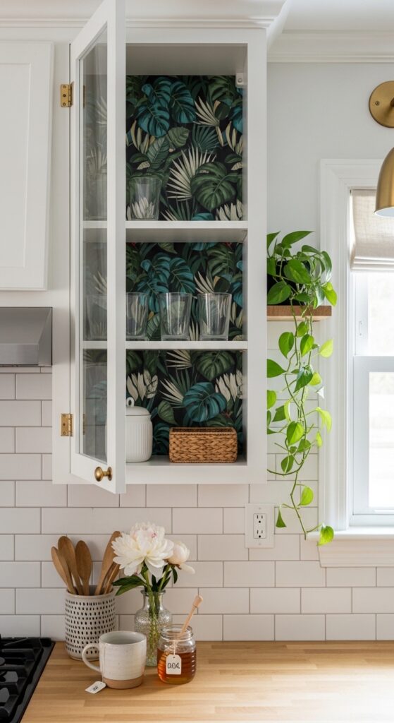 Wallpaper-Lined Cabinet Interiors for Hidden Surprise