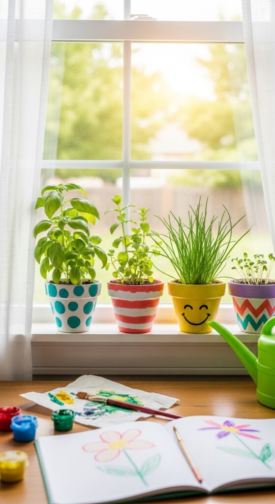 Window Sill Herb Garden with Painted Terracotta Pots