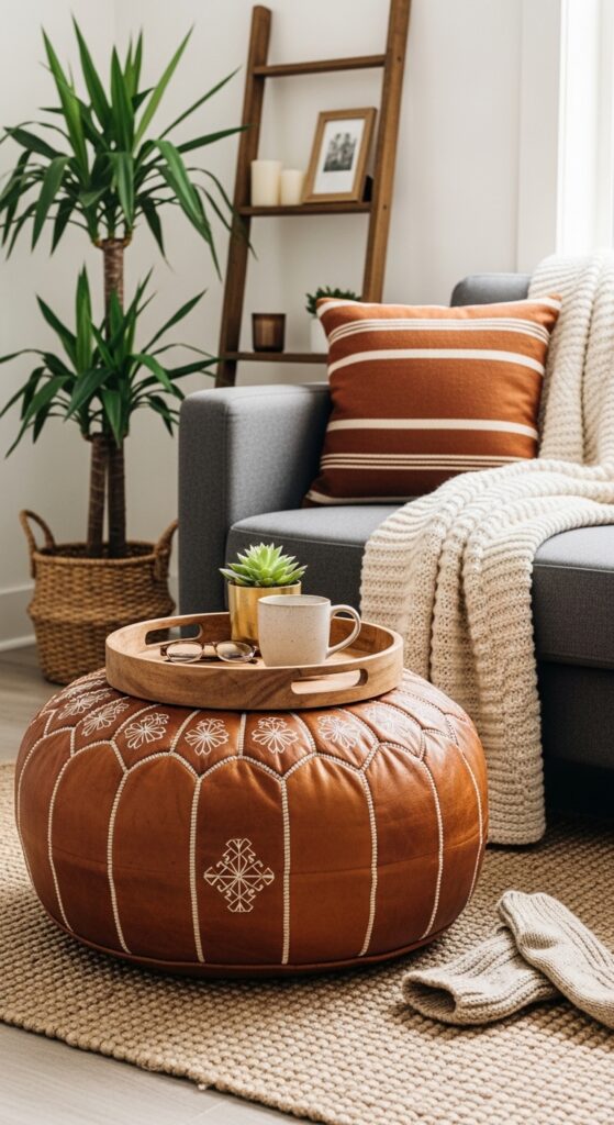 A Vintage Leather Pouf as a Coffee Table Alternative