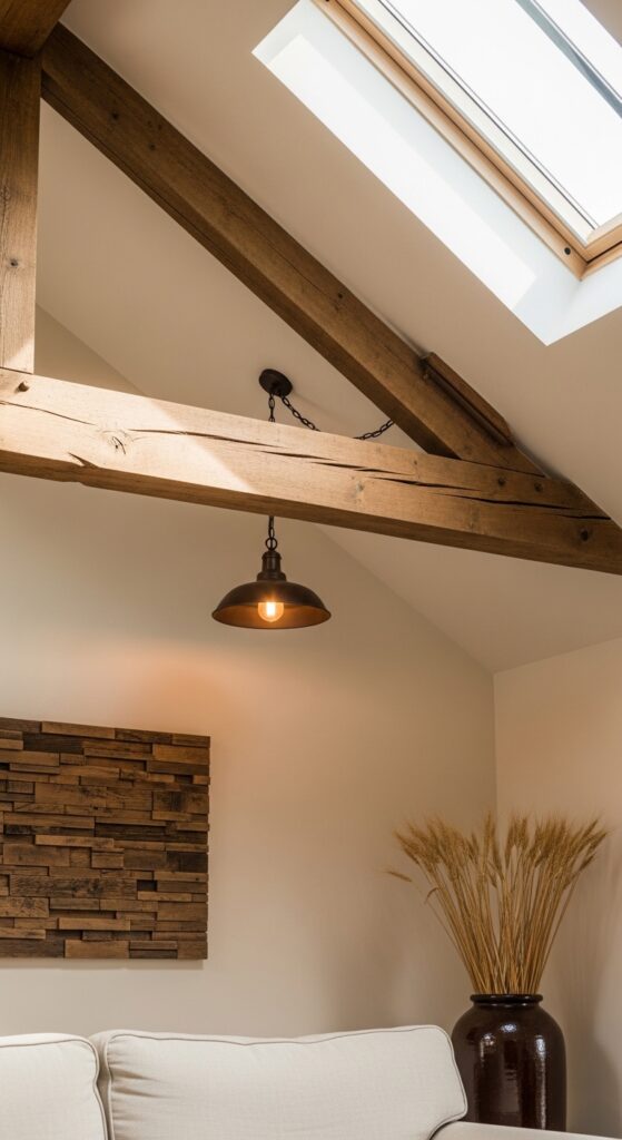 Natural Brown Wooden Beams Against Cream Ceilings
