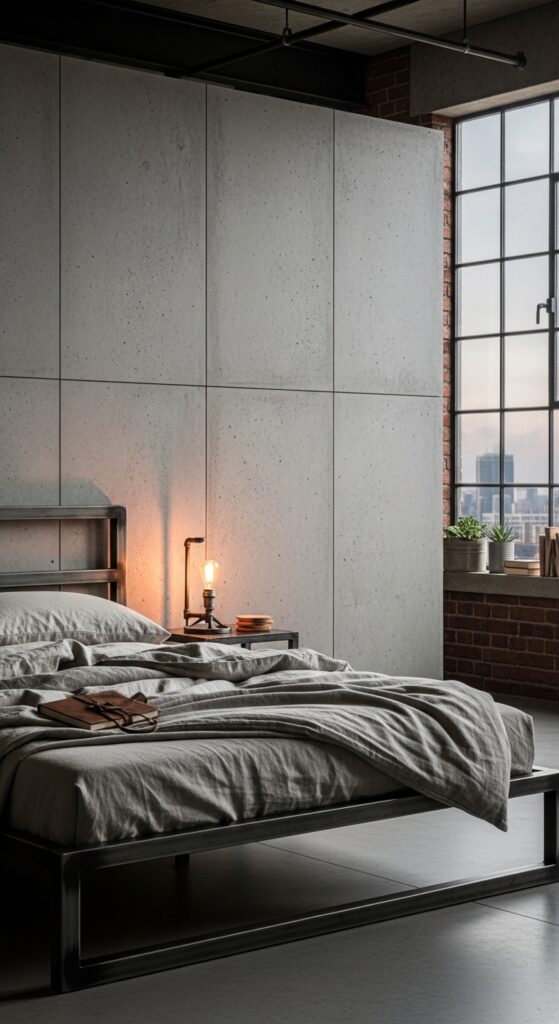 Concrete Panel Accent Wall with Industrial Metal Bed Frame