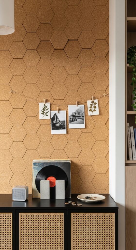 Cork Tile Wall in Natural Honeycomb Pattern