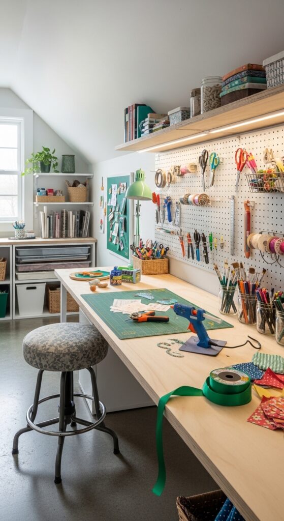 Craft Room With Pegboard Walls And Wrap-Around Counter