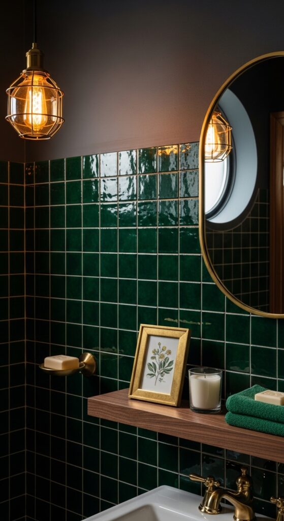 Deep Green Square Tiles with Gold Grout for a Storybook Feel
