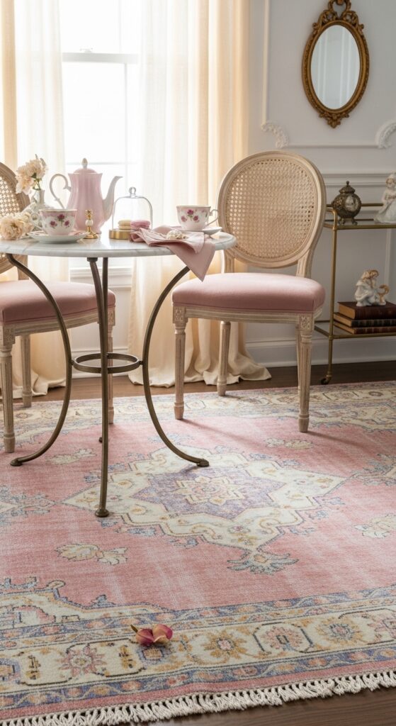 Faded Pastel Oushak-Style Rug for Feminine Dining
