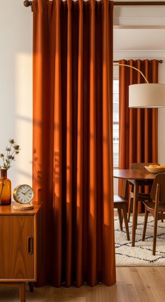 Rust-Colored Curtains Paired with Mid-Century Dining Furniture