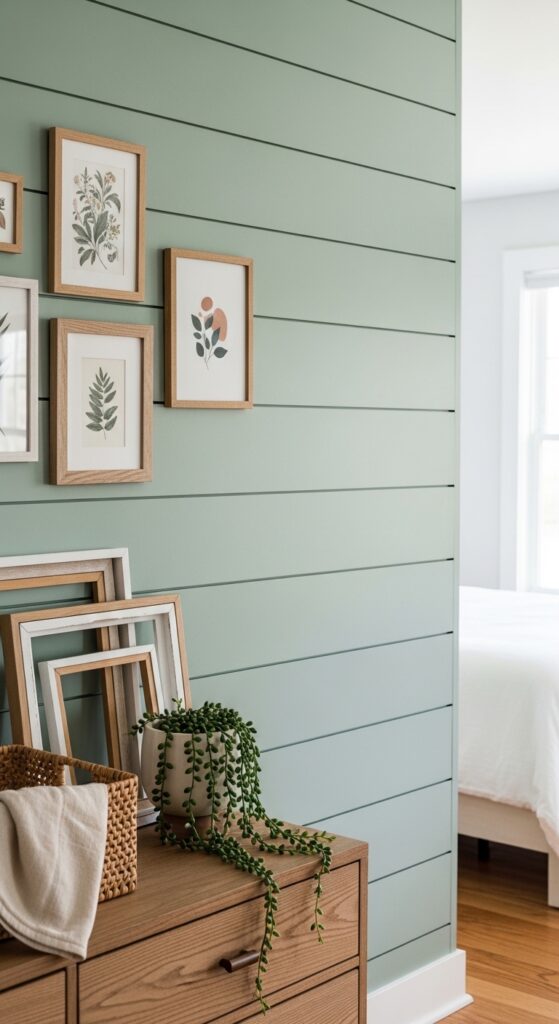 Shiplap Walls Painted in Soft Sage Green