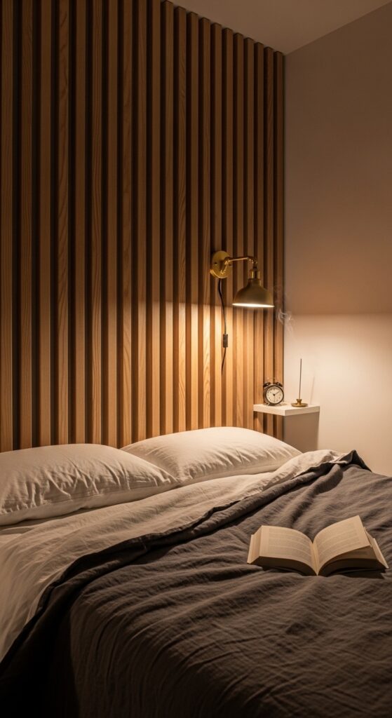 Vertical Wooden Slat Wall as a Headboard Alternative