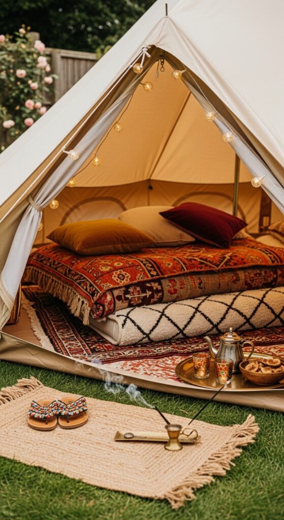 Boho Tent with Layered Rugs and Floor Cushions