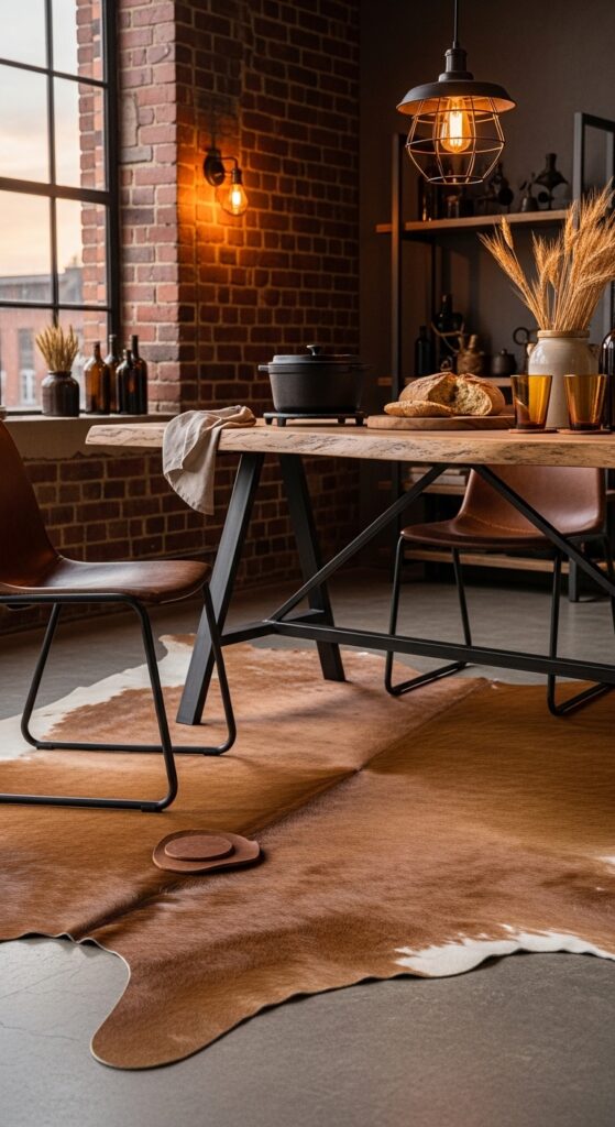 Cowhide Rug for Rustic-Modern Dining Spaces