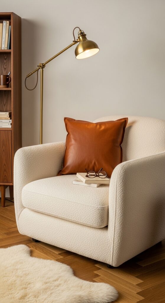 Cream Armchair with Brown Leather Accent Pillow