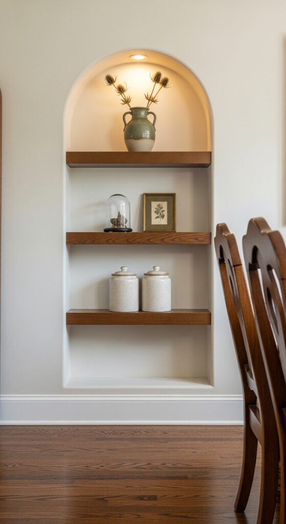 Floating Shelves Inside a Dining Room Built-In Alcove