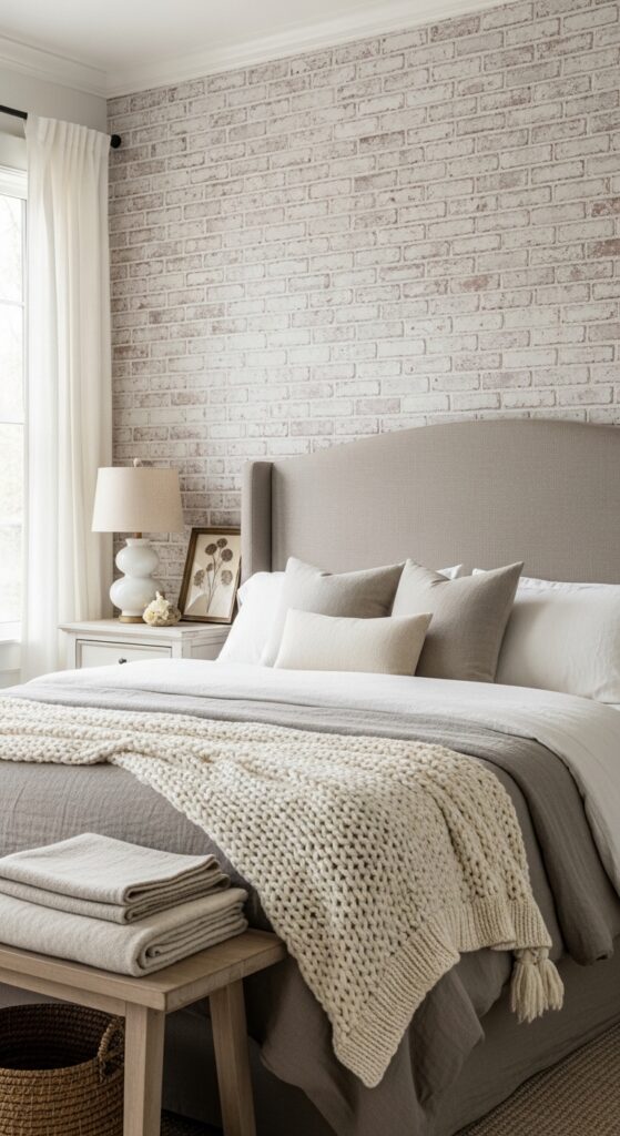 Whitewashed Brick Accent Wall Behind Upholstered Headboard