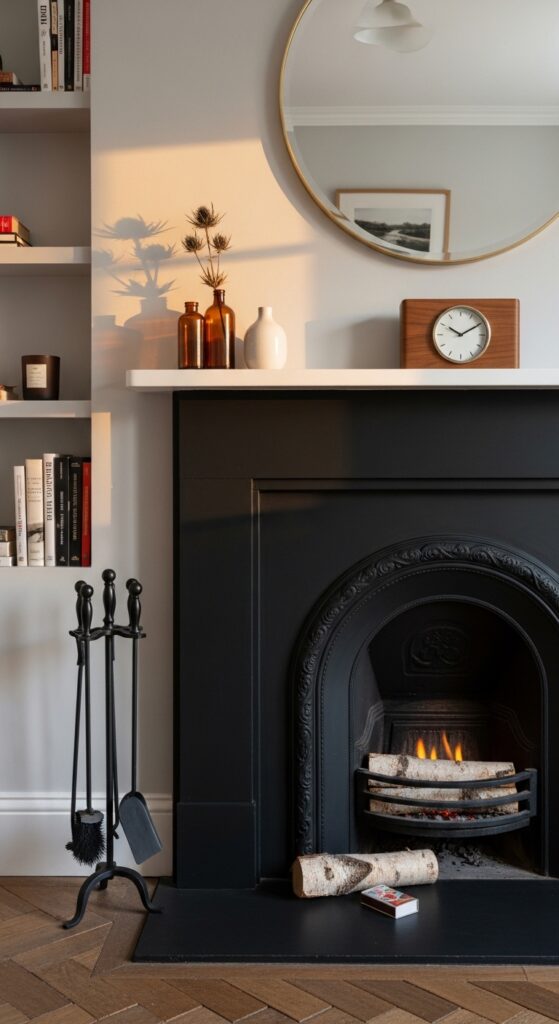 Black Fireplace Surround with White Mantel
