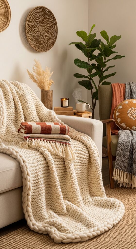 Earthy Throw Blankets Draped Over Every Seating Surface