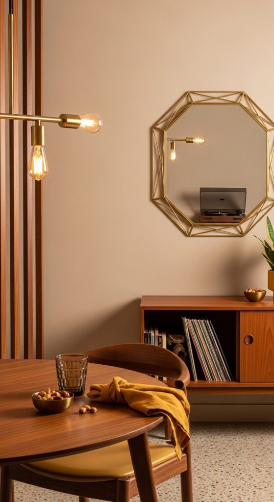 Geometric Brass Mirror with Mid-Century Lines