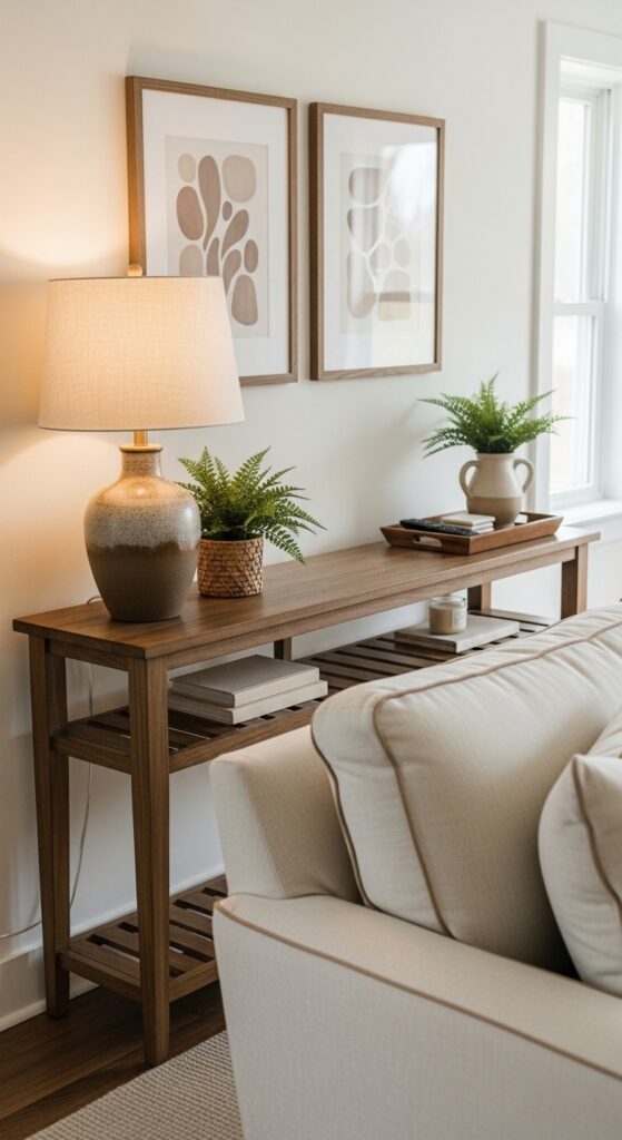 Warm Brown Wooden Console Table Behind a Cream Sofa