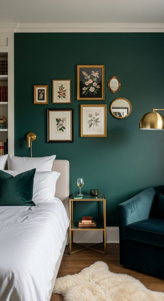 Moody Emerald Green Accent Wall with Brass Picture Frame Gallery