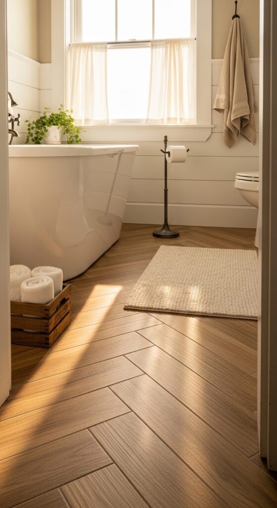 Wood-Look Porcelain Plank Tiles for a Warm Cabin-Style Bath