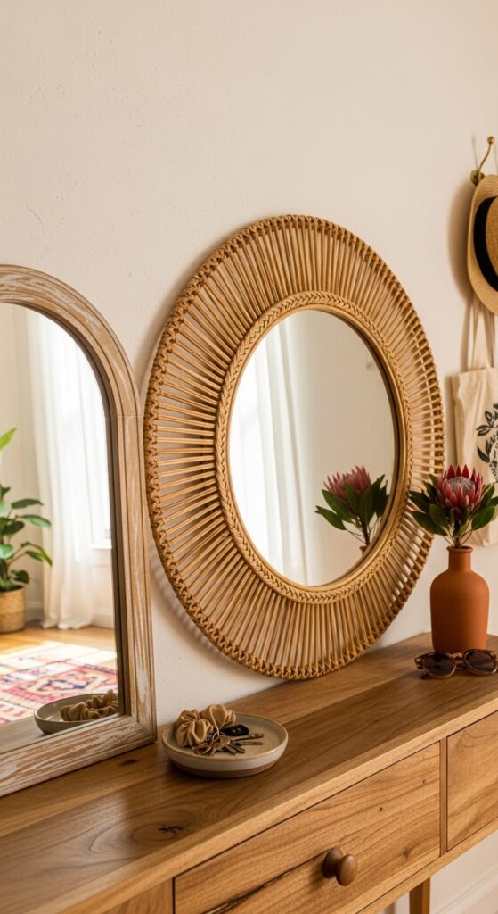 A Statement Mirror with a Natural Wood or Rattan Frame