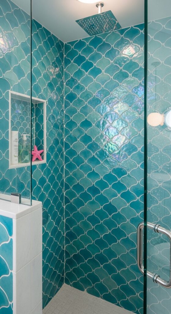 Bright Turquoise Fish Scale Tiles for a Mermaid-Themed Shower