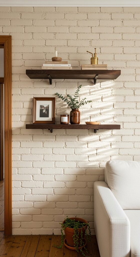 Cream Painted Brick Accent Wall with Floating Brown Shelves
