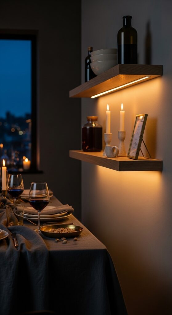 Floating Shelves with Integrated Lighting for Evening Dinners