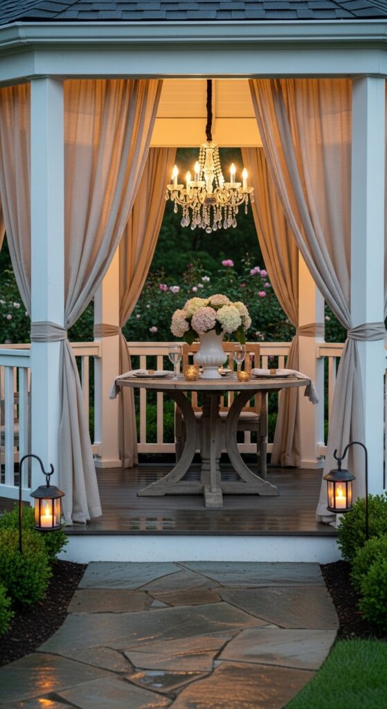 Gazebo with Outdoor Curtains and Chandelier