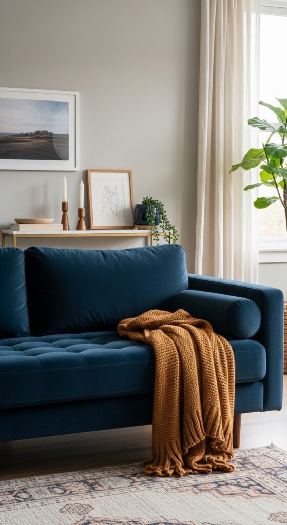 Navy Sofa Against Light Gray Walls