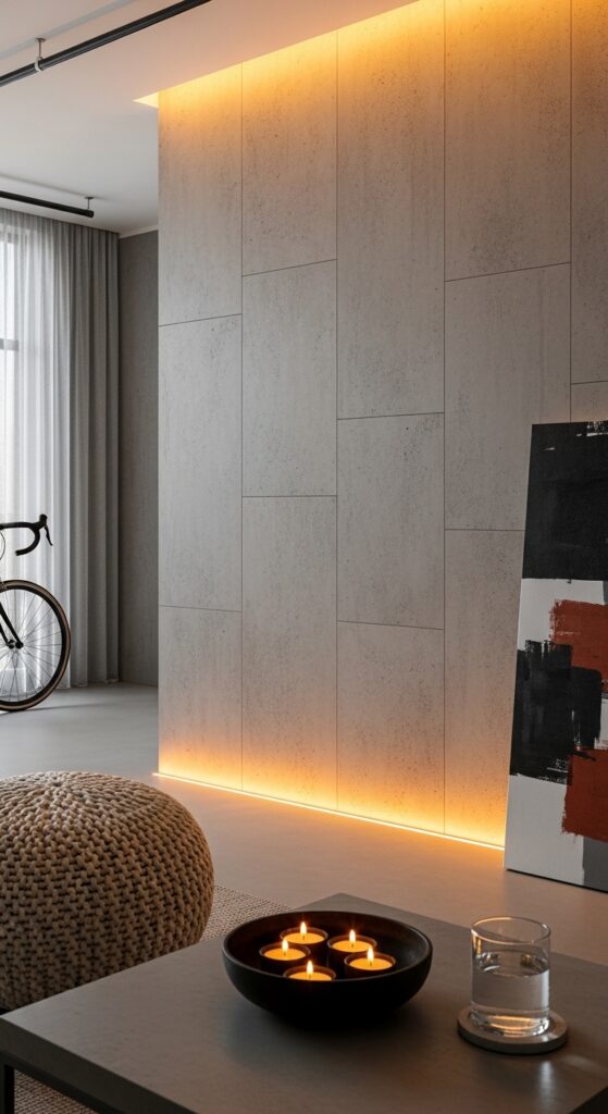 Concrete-Effect Panels with Warm Accent Lighting