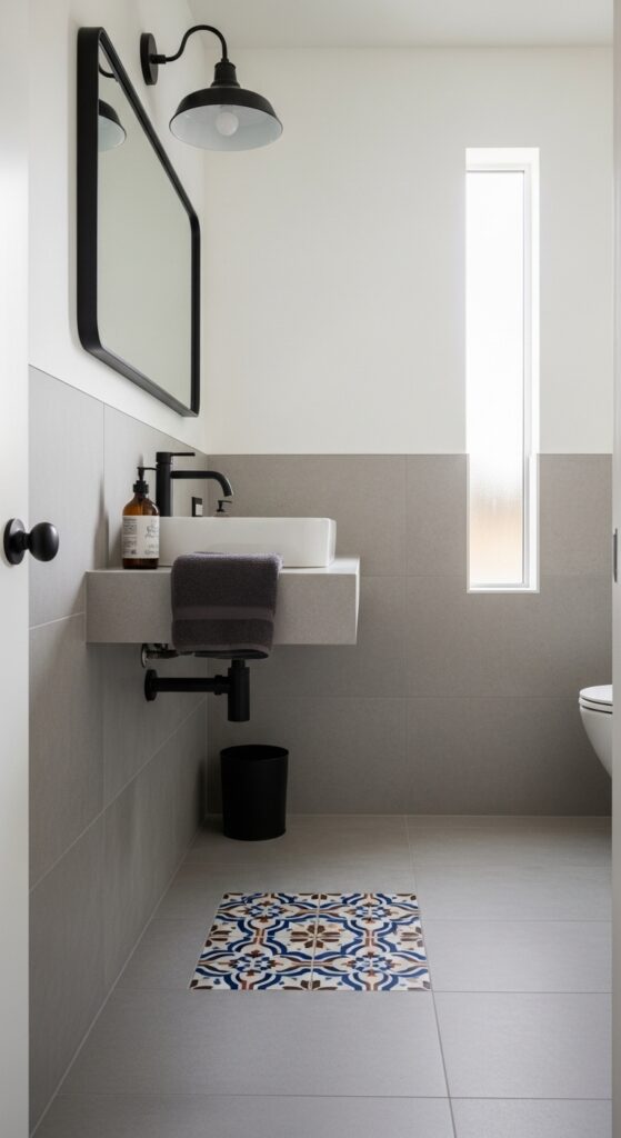 Concrete-Look Matte Tiles with Colorful Patterned Floor Inset