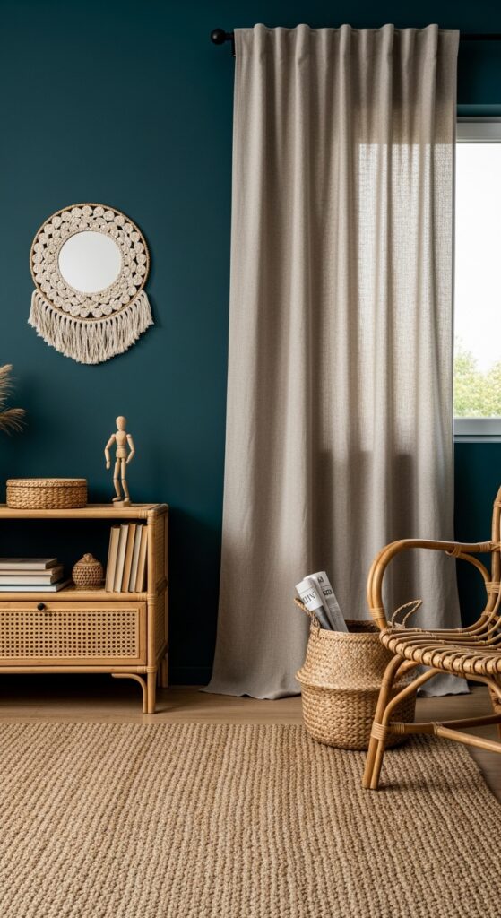 Dark Teal Walls with Natural Fiber Textures