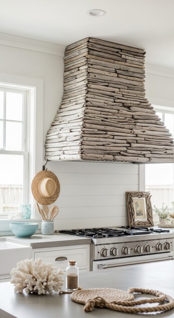 Driftwood-Wrapped Coastal Kitchen Hood