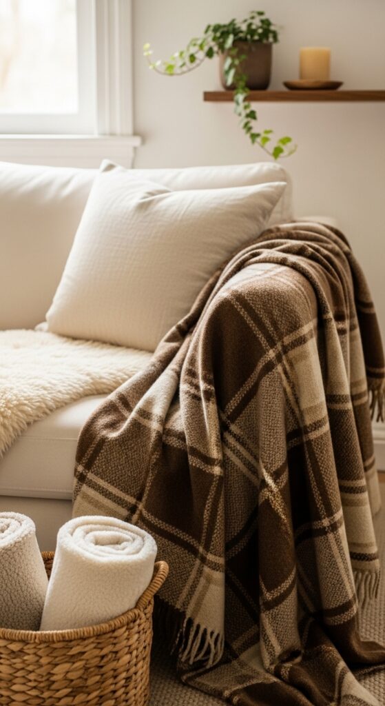 Brown Plaid Throw Blanket Draped Over a Cream Couch
