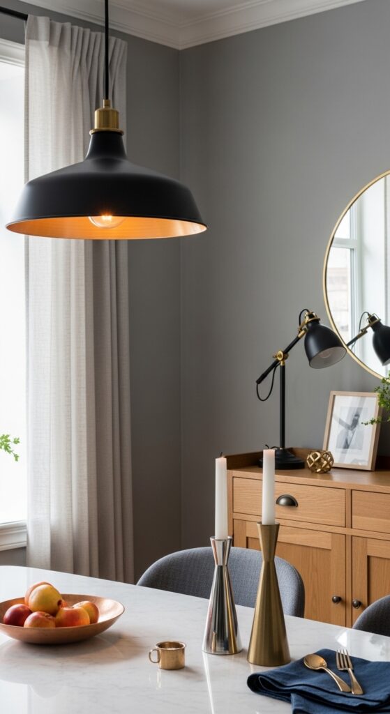 Mixed Metal Accents Across Light Fixtures and Hardware