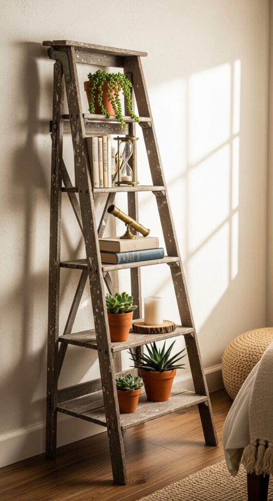 Vintage Wooden Ladder Shelf for Books and Plants