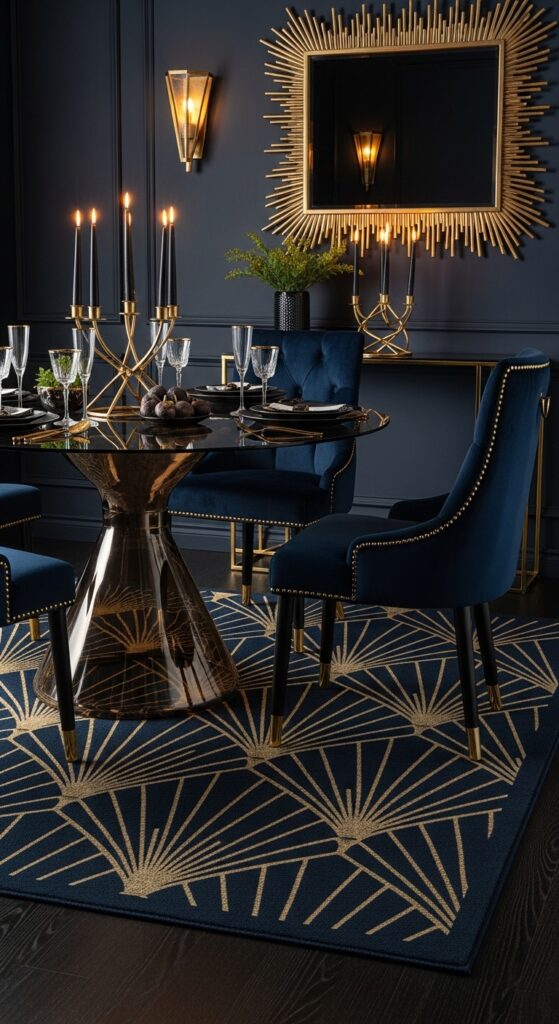 Art Deco Geometric Rug in Navy and Gold