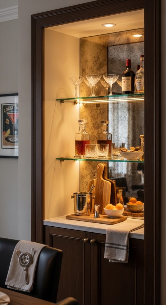 Built-In Bar Nook with Mirrored Backsplash