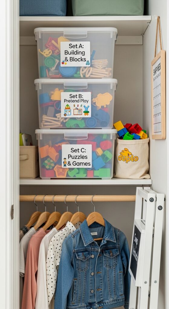 Labeled Toy Rotation Bins in a Closet