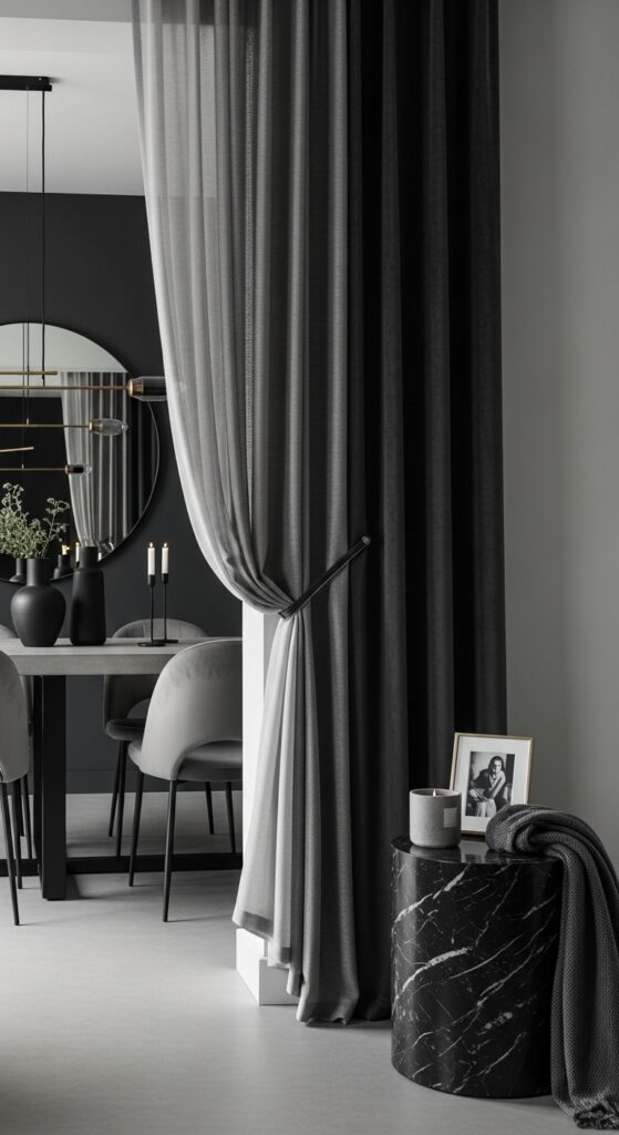Monochromatic Layered Curtains in Varying Shades of Gray