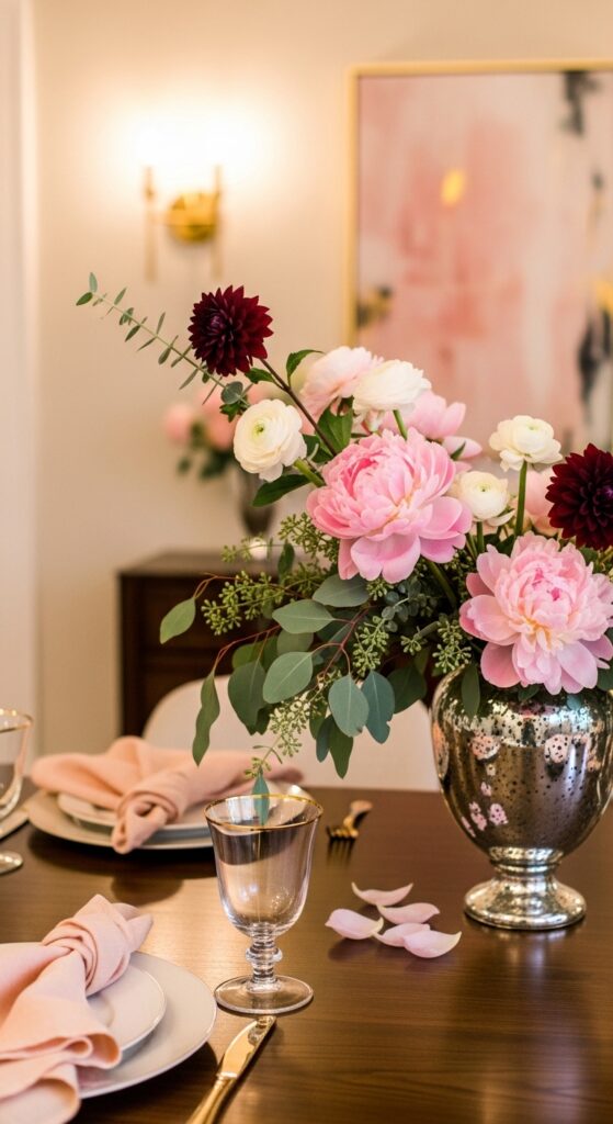 Dramatic Floral Centerpiece in a Mercury Glass Vase