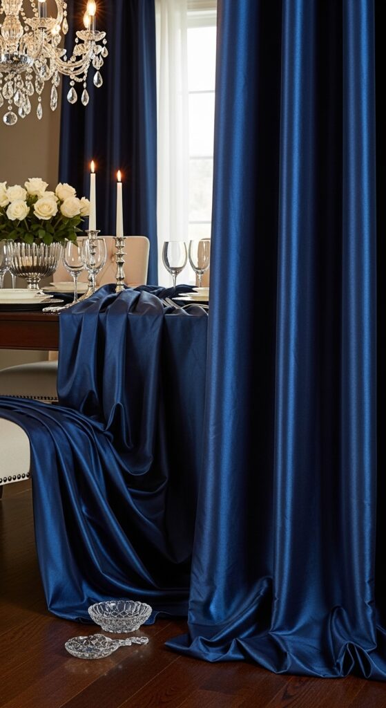 Floor-Puddling Silk Curtains for a Formal Dining Room Statement