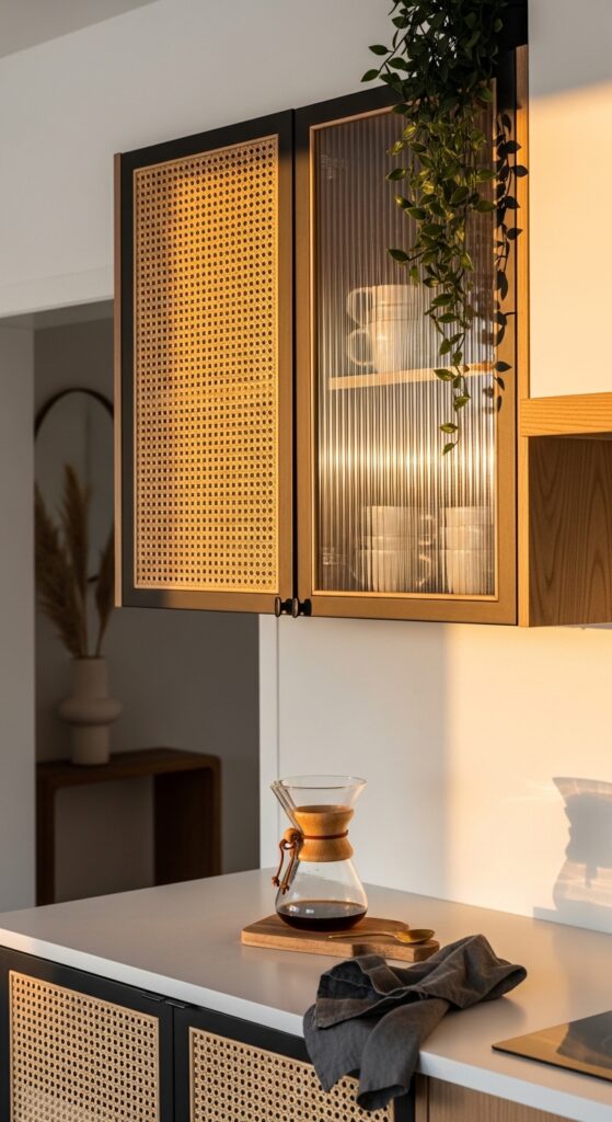 Mixed Material Cabinet Fronts Wood, Metal, and Cane