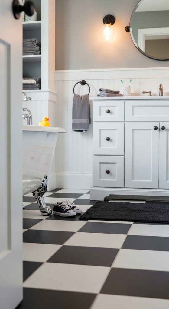Black and White Checkerboard Floor Tile for a Retro Playful Bathroom