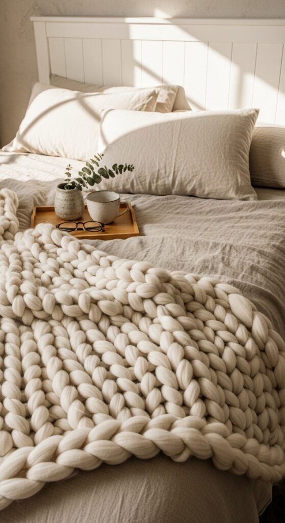Chunky Knit Throw Blankets Draped Over Neutral Bedding