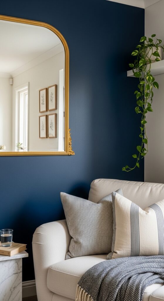 Deep Navy Blue Accent Wall Behind Your Sofa