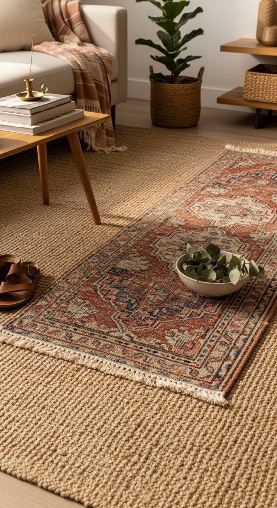 Layered Vintage Rugs in Different Patterns for a Collected Look