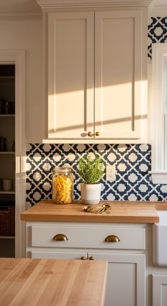 Painted Backsplash with a Stencil Pattern