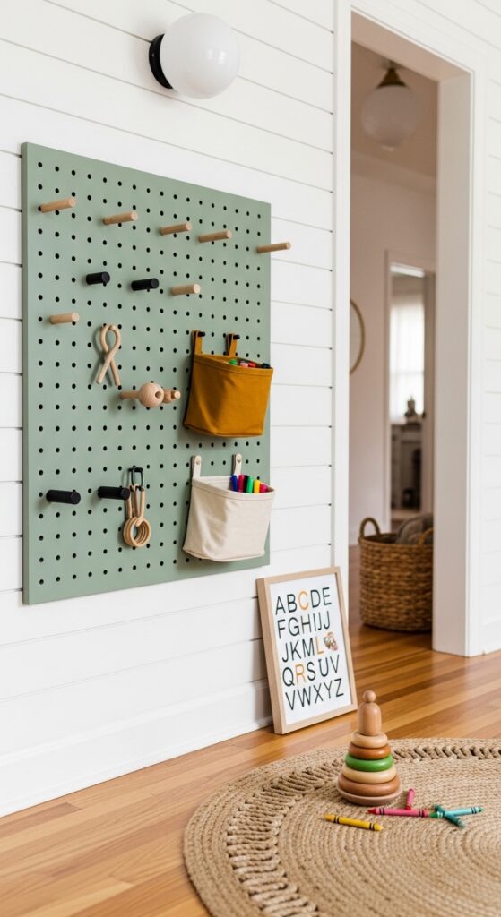 Pegboard Activity Wall with Rotating Toy Hooks